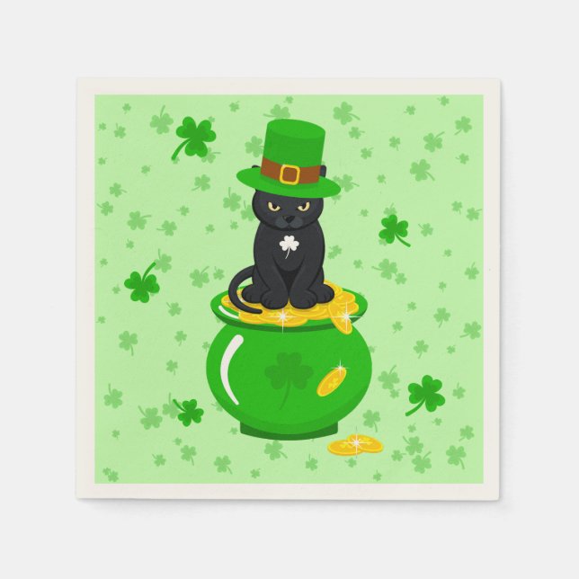 St. Patrick's Day Kleeblatt Pot of Gold Black Cat Serviette (Vorderseite)