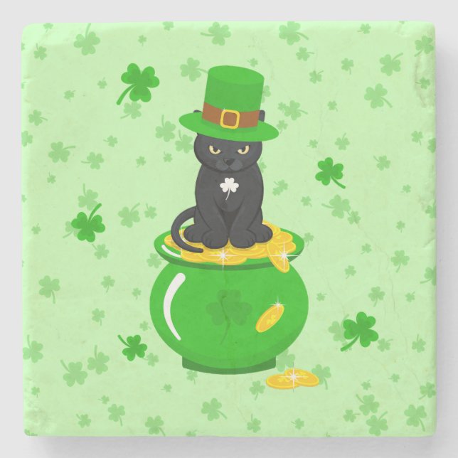 St. Patrick's Day Kleeblatt Pot of Gold Black Cat Steinuntersetzer (Vorderseite)
