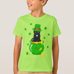 St. Patrick's Day Kleeblatt Pot of Gold Black Cat T-Shirt