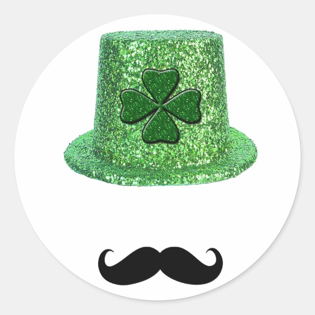 St. Patrick's Day Kleeblatt Sparkle Hat & Mustache Runder Aufkleber (Vorderseite)