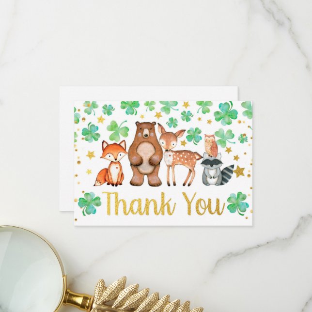 St Patrick's Day Kleeblatt Woodland Babydusche Dankeskarte (Vorderseite/Rückseite Beispiel)