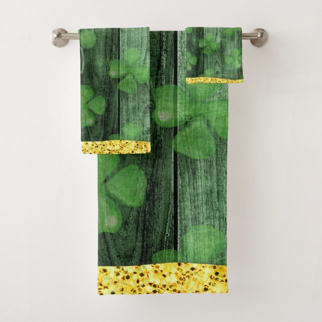 St. Patrick's Day Kleeblatts Glitzer Gold Tropfen Badhandtuch Set (Insitu)
