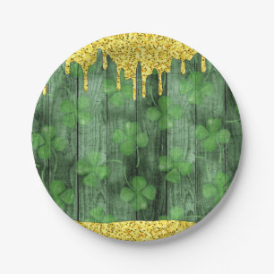 St. Patrick's Day Kleeblatts Glitzer Gold Tropfen Pappteller