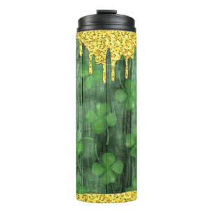 St. Patrick's Day Kleeblatts Glitzer Gold Tropfen Thermosbecher