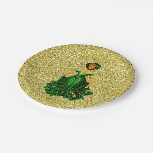 St Patricks Day Lady Green Gown Gold Imitate Glitz Pappteller (Schrägansicht)