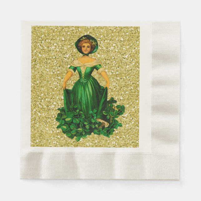 St Patricks Day Lady Green Gown Gold Imitate Glitz Serviette (Vorderseite)