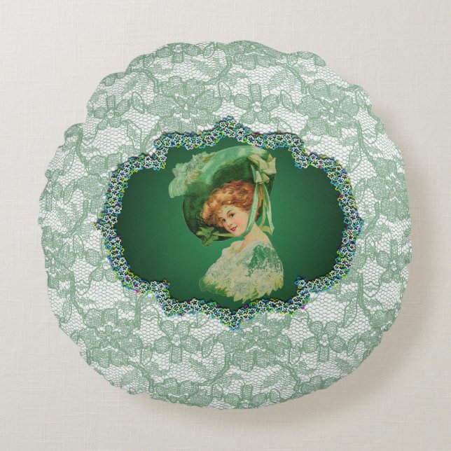 St. Patrick's Day Lady mit Hut-Green Rahmen & Spit Rundes Kissen (Vorderseite)