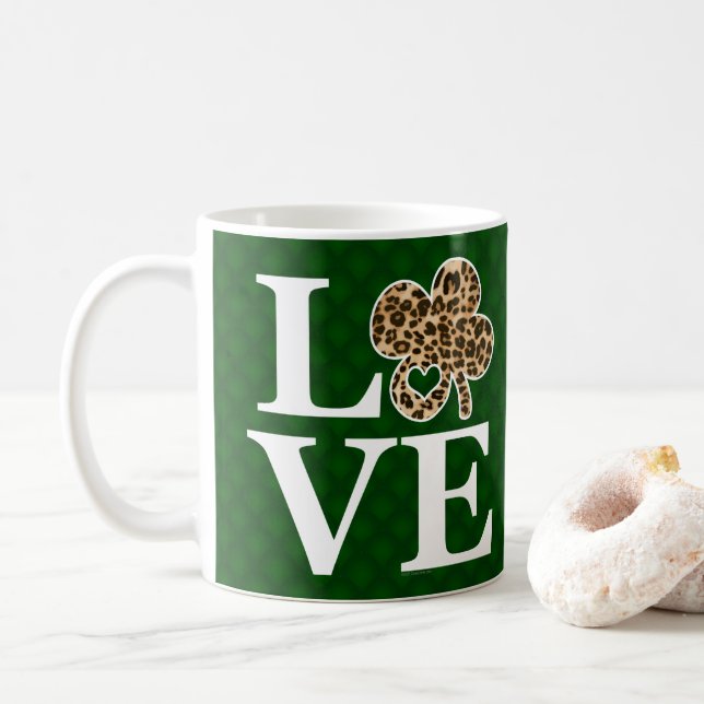 St Patricks Day Leopard Liebe Kleeblatt Kaffeetasse (Mit Donut)