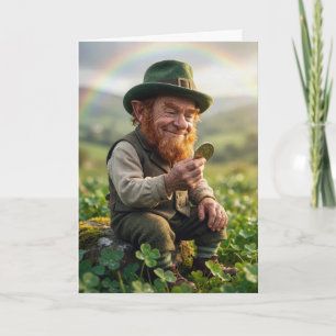 St. Patrick's Day Leprechaun bewundert eine Goldmü Karte