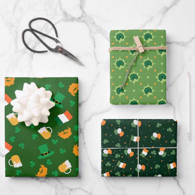 St Patrick's Day Leprechaun Hat Kleeblatt Flag Gol Geschenkpapier Set (Vorderseite)