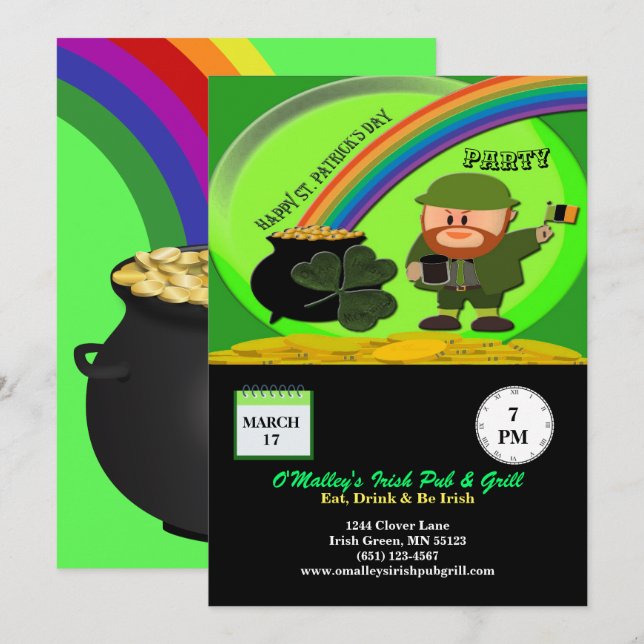 St Patrick's Day Leprechaun, Pot of Gold, Kleeblat Einladung (Vorne/Hinten)