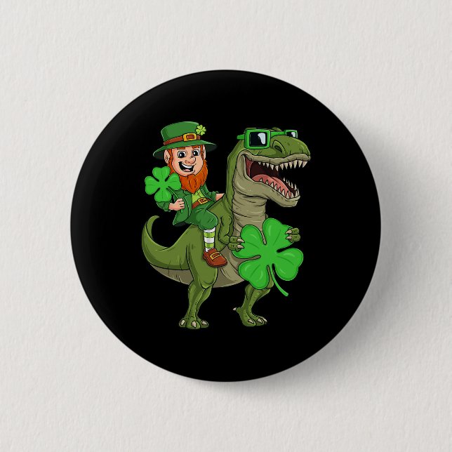 St Patricks Day Leprechaun Riding T Rex Fun Dino B Button (Vorderseite)