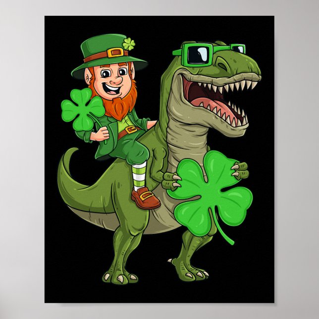 St Patricks Day Leprechaun Riding T Rex Fun Dino B Poster (Vorne)