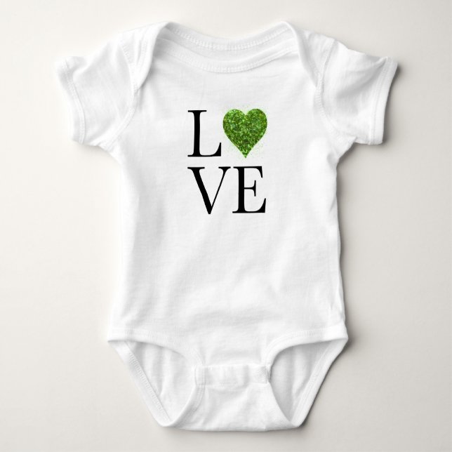 St. Patrick's Day | LIEBE | Grün glitzerndes Herz Baby Strampler (Vorderseite)