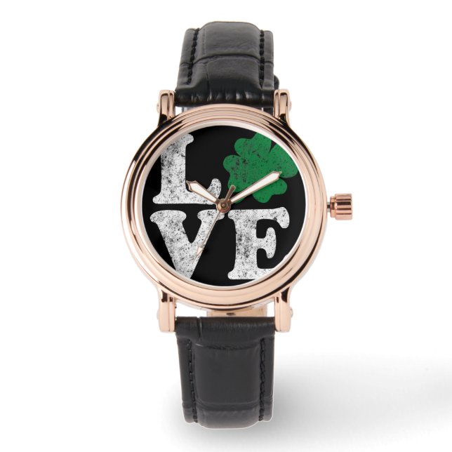 St Patrick's Day LIEBE Kleeblatt Irish Armbanduhr (Vorderseite)