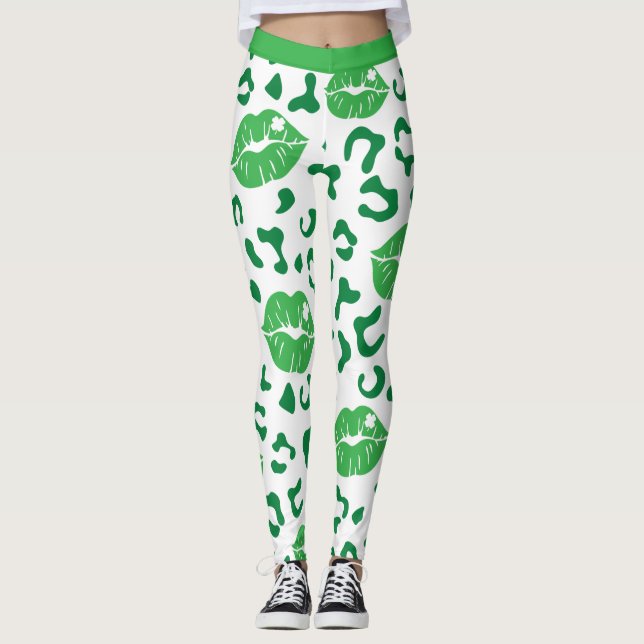 St. Patrick's Day Lips Kiss Green Kleeblatt Clover Leggings (Vorderseite)