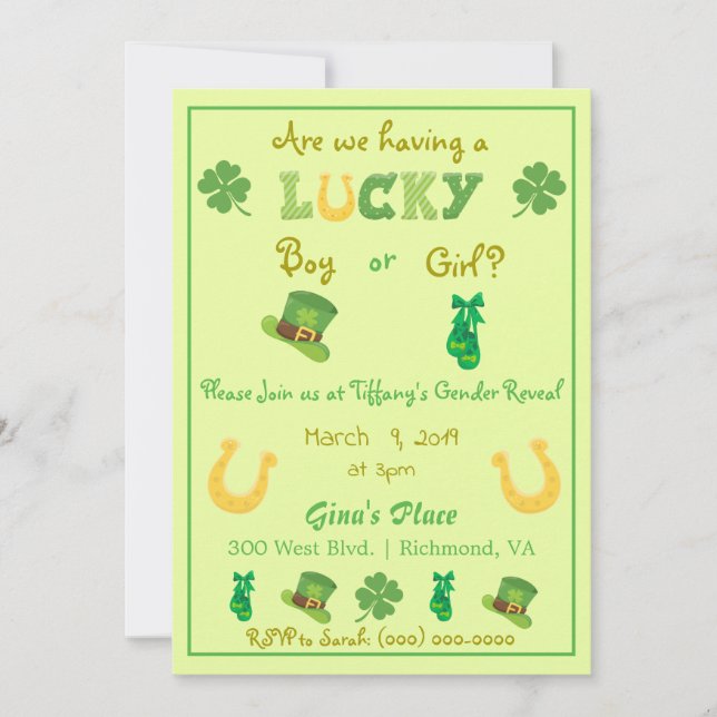 St Patrick's Day Lucky Clover Gender Reveal Einladung (Vorderseite)
