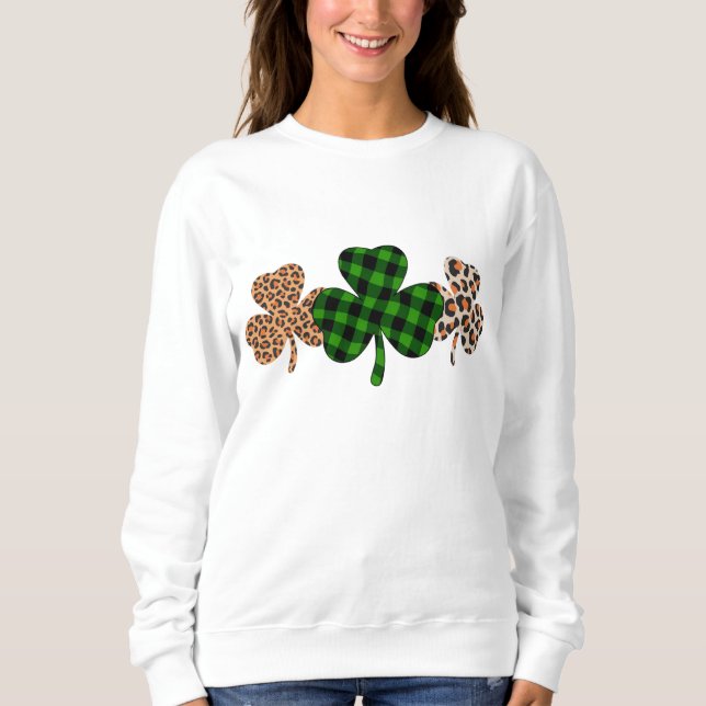 St Patricks Day Lucky Irish Green Kariert Kleeblat Sweatshirt (Vorderseite)