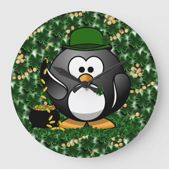 St. Patrick's Day Lucky Penguin with Pot Of Gold Große Wanduhr (Vorderseite)