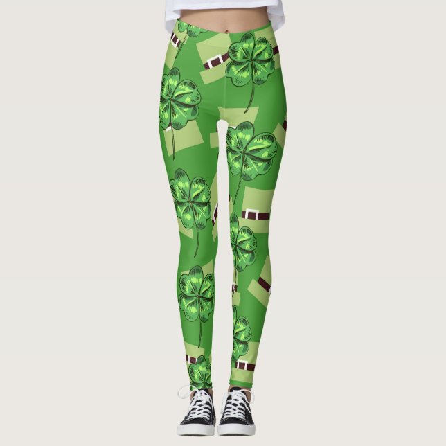 St. Patrick's Day mit Kleeblättern auf Grün Leggings (Vorderseite)