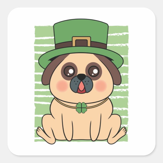 St. Patrick's Day Mops Dog Lucky Kleeblatt Quadratischer Aufkleber (Vorderseite)