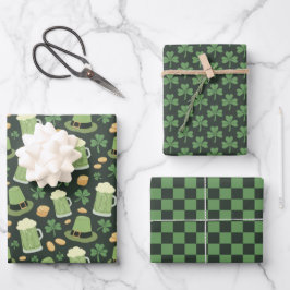 St Patricks Day Muster Dunkelgrün Prost Shamrock Geschenkpapier Set