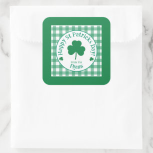 St Patricks Day NAME Irischer Kleeblatt-Grün Karo  Quadratischer Aufkleber