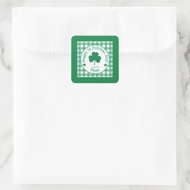 St Patricks Day NAME Irish Clover Green Check Quadratischer Aufkleber (Tasche)