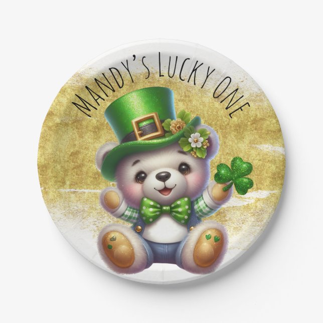 St. Patrick's Day Niedlich Bear Green Gold Pappteller (Vorderseite)