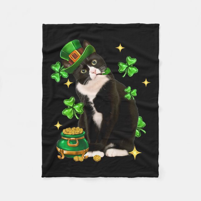 St Patricks Day Niedlich Tuxedo Cat Kleeblatt Iris Fleecedecke (Vorderseite)