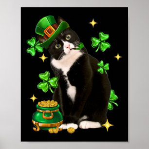 St Patricks Day Niedlich Tuxedo Cat Kleeblatt Iris Poster