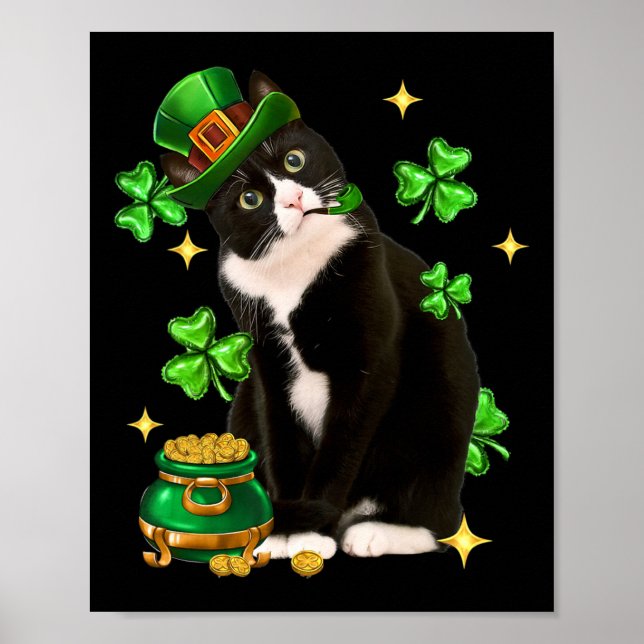 St Patricks Day Niedlich Tuxedo Cat Kleeblatt Iris Poster (Vorne)