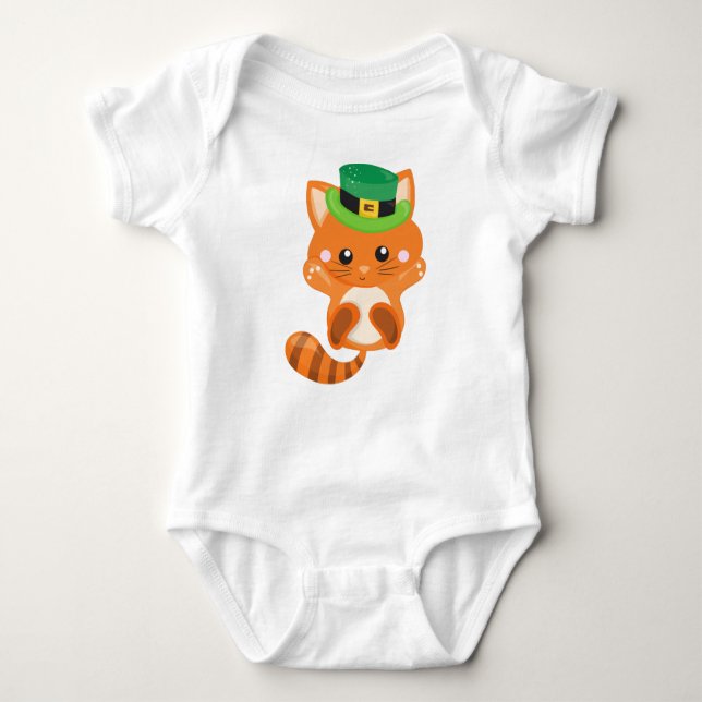St. Patrick's Day, Orange Cat, Leprechaun Hat Baby Strampler (Vorderseite)