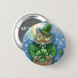 ST. PATRICK'S DAY OWL, 4 LEAF CLOVER LEPRECHAUN BUTTON
