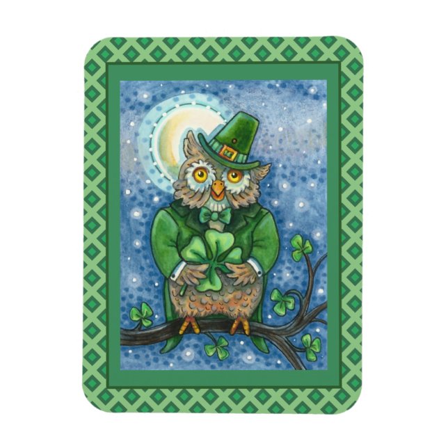 ST. PATRICK'S DAY OWL, 4 LEAF CLOVER LEPRECHAUN MAGNET (Vertikal)