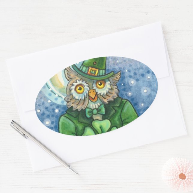 ST. PATRICK'S DAY OWL, 4 LEAF CLOVER LEPRECHAUN OVALER AUFKLEBER (Umschlag)