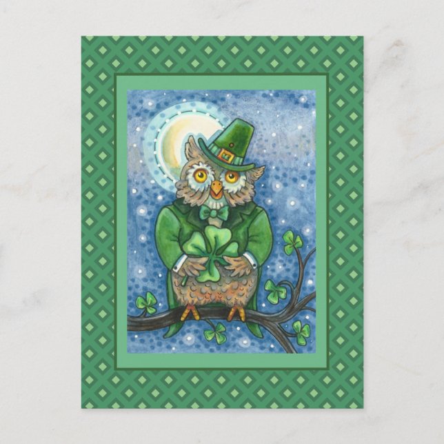 ST. PATRICK'S DAY OWL, 4 LEAF CLOVER LEPRECHAUN POSTKARTE (Vorderseite)