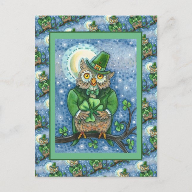 ST. PATRICK'S DAY OWL, 4 LEAF CLOVER LEPRECHAUN POSTKARTE (Vorderseite)