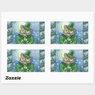 ST. PATRICK'S DAY OWL, 4 LEAF CLOVER LEPRECHAUN RECHTECKIGER AUFKLEBER