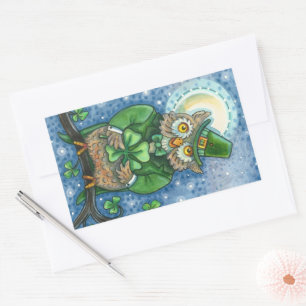 ST. PATRICK'S DAY OWL, 4 LEAF CLOVER LEPRECHAUN RECHTECKIGER AUFKLEBER