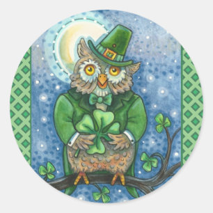 ST. PATRICK'S DAY OWL, 4 LEAF CLOVER LEPRECHAUN RUNDER AUFKLEBER