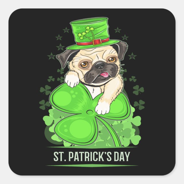 St Patricks Day Puppy Mops Quadratischer Aufkleber (Vorderseite)