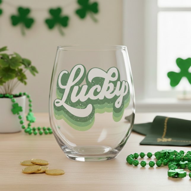 St Patrick's Day Retro Lucky Weinglas Ohne Stiel (St Patrick's Day Retro Lucky Stemless Wine Glass)