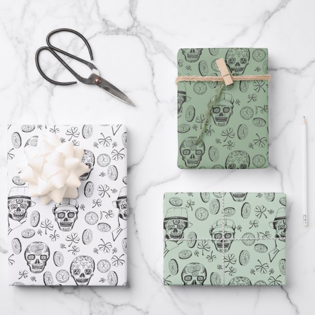 St Patricks Day Sugar Skull und Kleeblatt Green Geschenkpapier Set (Vorderseite)