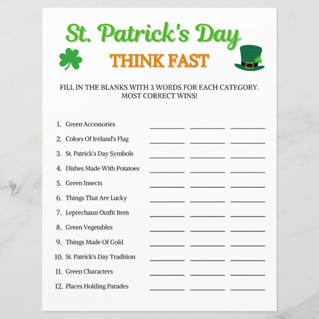 St. Patrick's Day Think Fast Game (Vorderseite)