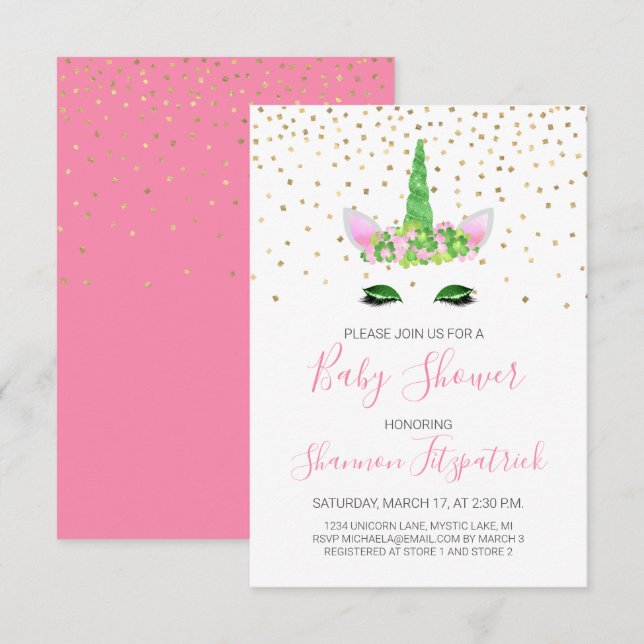 St. Patrick's Day Unicorn Girl's Pink Baby Shower Einladung (Vorne/Hinten)