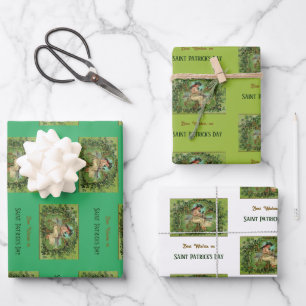 St. Patrick's Day Vintag Girl mit Kleeblättern Geschenkpapier Set