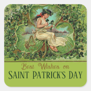 St. Patrick's Day Vintage Mädchen mit Shamrocks Quadratischer Aufkleber