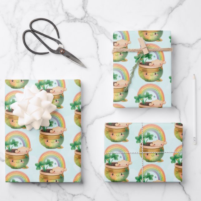 St. Patrick's Day Whimsical Rainbow & Clover Geschenkpapier Set (Vorderseite)