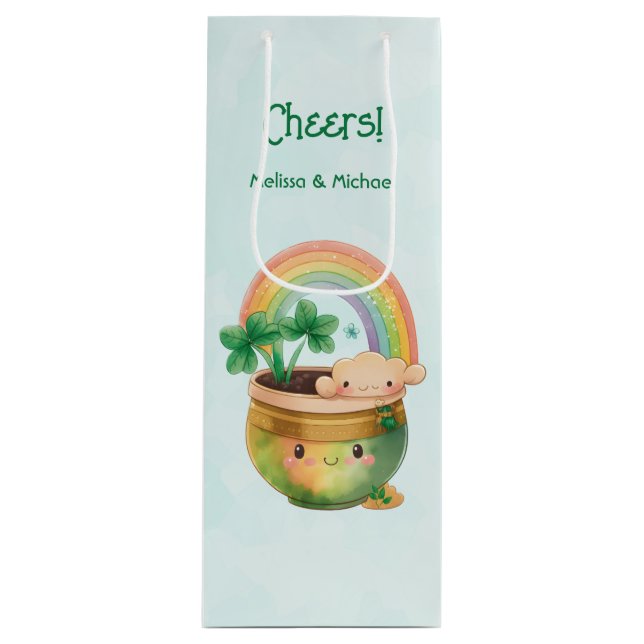 St. Patrick's Day Whimsical Rainbow & Clover Geschenktüte Für Weinflaschen (Vorderseite)